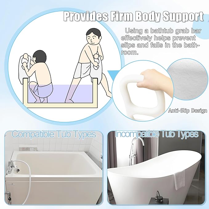 FamilyRoots Adjustable Bathtub Safety Rail, Shower Grab Bar Handle for Seniors, Elderly, and Fall Risk Patients, Fits 2.4 to 5.5 Inch Tub Walls, with Non-Slip Grip, Supports 330 lbs, White