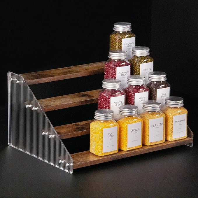nianfeng Tiered Spice Rack, 4-Tier Spice Pantry Kitchen Cabinet Organizer, 12-Inch, Natural Wood Acrylic Stair Riser Stand, Countertop Seasoning Shelf (Rustic Brown)
