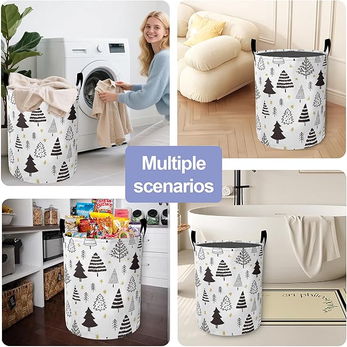 Black White Christmas Tree Laundry Basket-Large Foldable Hamper Holder Portable Tall Collapsible Laundry Hamper Storage Basket Bin with Handles, Canvas & Waterproof lining for Household Items