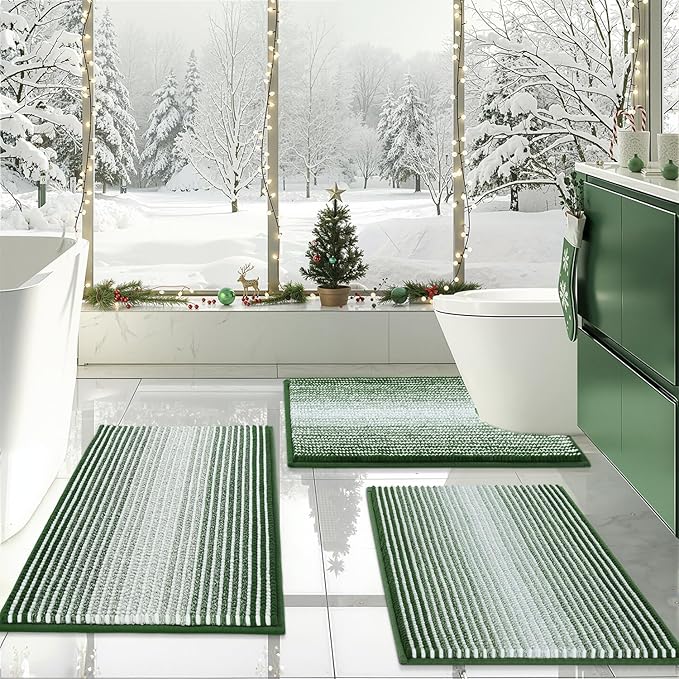 BSICPRO Bathroom Rugs Sets 3 Piece, Toilet Rugs U-Shaped Contour Bath Mat Set, Striped Absorbent Non Slip Chenille Shower Mat, Hunter Green