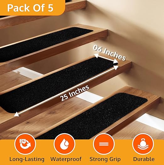 Stair Treads Non Slip for Wooden Steps Indoor and Outdoor - Grip Tape for Stairs Concrete Steps (Works on All Surfaces & Weather), Waterproof Anti Slip Tape, Strong Non Skid Tapes 6” X 24” (5-Pack)