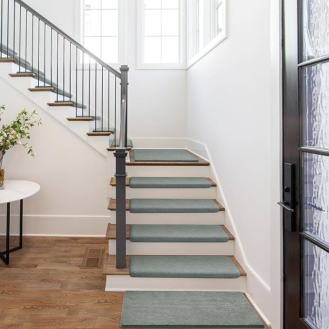 PURE ERA Carpet Stair Treads Ultra Plush 9.5" X 30"Soft Bullnose Indoor Stair Protectors Pet-Friendly Non-Slip Skid Resistant Tape Free Washable Reusable(14 Pieces,Greenish Gray)