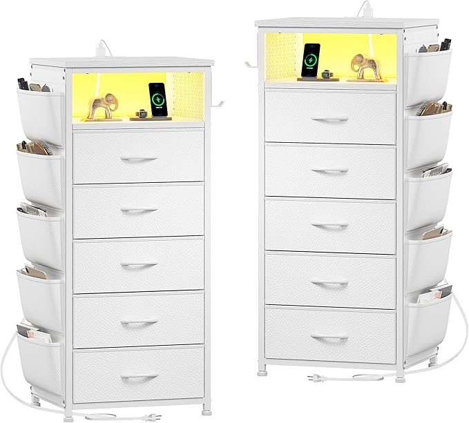 EnHomee Tall Night Stand Set 2 with 5 Drawers, LED Nightstand with Ports & Outlets, White Dresser with Extra Side Bag & Storage Shelf & Hooks, Bedroom, Dorm, Closet