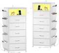 EnHomee Tall Night Stand Set 2 with 5 Drawers, LED Nightstand with Ports & Outlets, White Dresser with Extra Side Bag & Storage Shelf & Hooks, Bedroom, Dorm, Closet