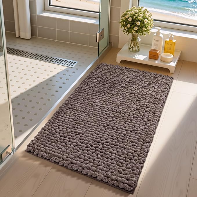 LUMI Luxury Bathroom Rug, Ultra Soft Quick Dry Bath Mat, Non-Slip Absorbent Thick Chenille Bath Rug, Cozy Braid Design Floor Mat for Bathtub, Sink, Laundry, Bedroom, Brown, 17"x30"