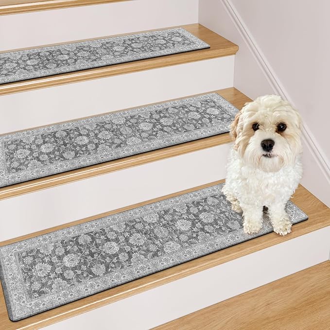 OJIA Extra Non-Slip Stair Treads for Wooden Steps 15PCS, 30"X8" Rubber Indoor Stair Runner Slip Resistant Stair Rugs Safety Mats for Dogs, Kids & Elders, Stairway Grip Step Treads, Gray