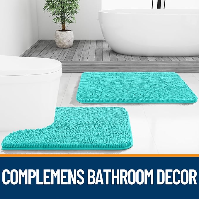 OLANLY Bathroom Rugs Sets 2 Piece, Soft Absorbent Chenille Bath Mats and U-Shaped Contour Toilet Mat Area Rug Set, Machine Washable Bath Carpet, Home Decor Accessories(24"x16"+24"x20", Teal)