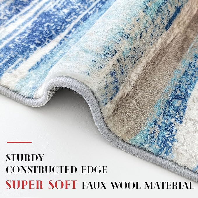 Modern Abstract 4x6 Living Room Washable Rug Non-Slip Soft Bedroom Area Rug Blue Thin Print Faux Wool Floor Carpet Throw Rugs for Nursery Playroom Dining Room Indoor Office Home Decor