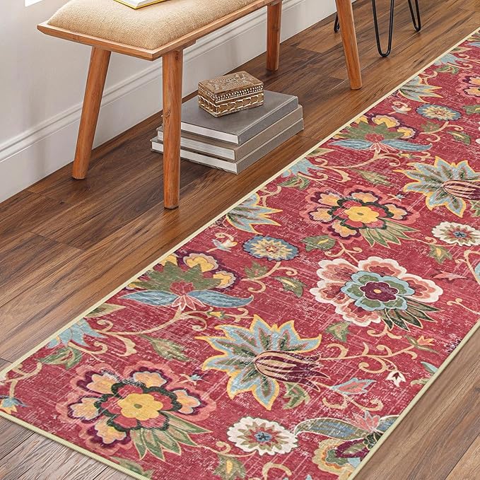 Beeiva Floral Runner Rug Non Slip, Vintage Red 2.5x12 Rug Runner for Hallways Non-Slip, Printed Distressed Ultra Thin Foldable Washable Runner Rug for Bedroom Bathroom Christmas