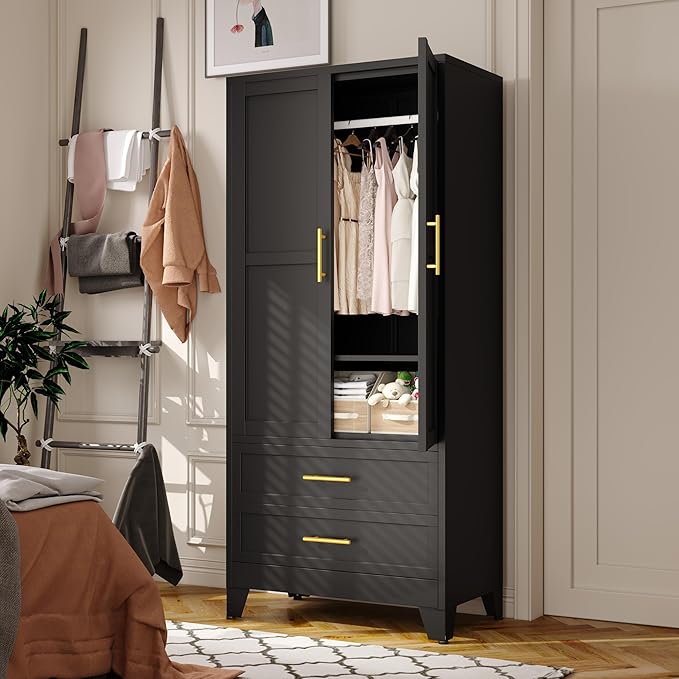 Metal Armoire Wardrobe Closet Storage Cabinet with Hanging Rod,71'' Metal Wardrobe Cabinet with 2 Drawers and Adjustable Shelf,2 Doors for Bedroom, Laundry Room, Cloak Room