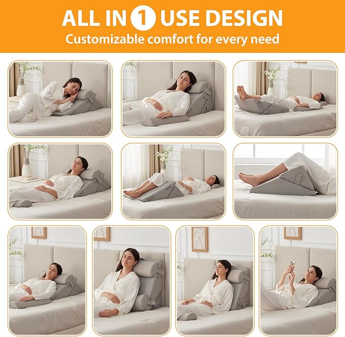 4PCS Wedge Pillow Set for After Surgery, Adjustable 9&12 Inch Bed Wedge Pillow for Sleeping, Incline Pillow Wedge for Headboard, Post Surgery, Acid Reflux, Neck&Back Support, Grey