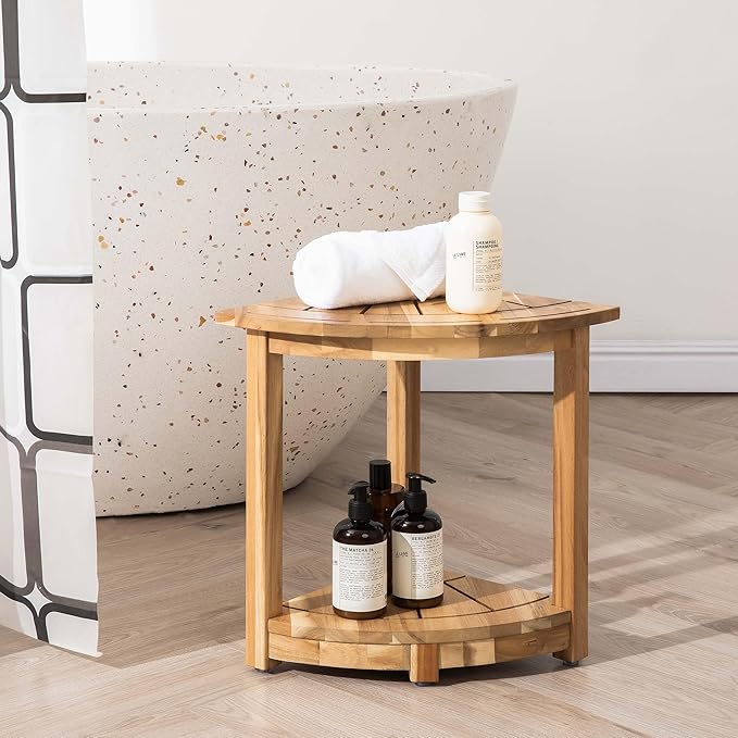 Acacia Wood Corner Shower Stool - Waterproof Triangular Bathroom Bench with Storage Shelf & Soap Dish for Shaving, Light Natural Wood (17.9x12.7x16.5)
