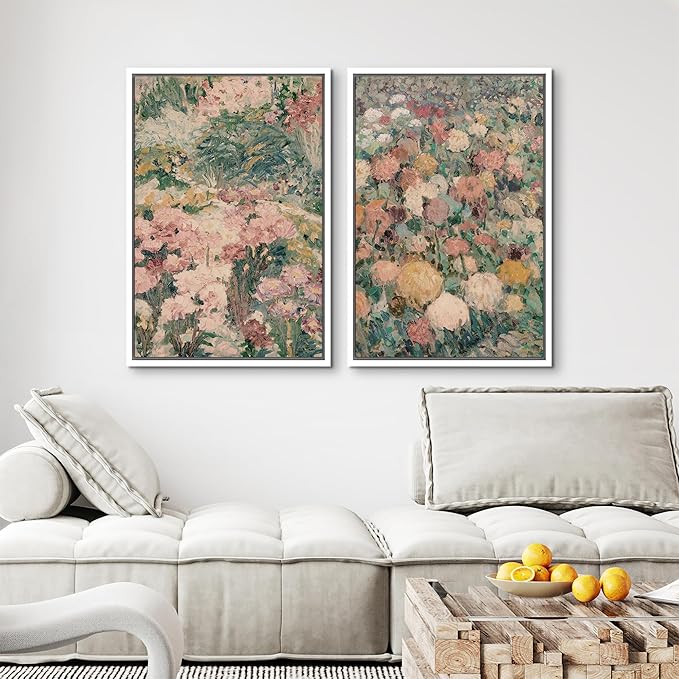 MUDECOR Framed Canvas Print Wall Art Impressionist Floral Garden Vintage Botanical Illustrations Modern Art Decorative Bohemian Colorful Chic for Living Room, Bedroom, Office - 16"x24"x2 White