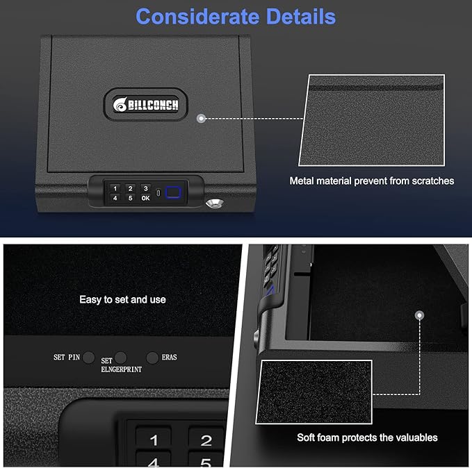 Gun Safe,Biometric Gun Safe for Pistols 3-Ways unlock Fingerprint Digital PIN Key Unlock with Sound, Lock box for Cloakroom living room Bedroom Nightstand and Car BILLCONCH