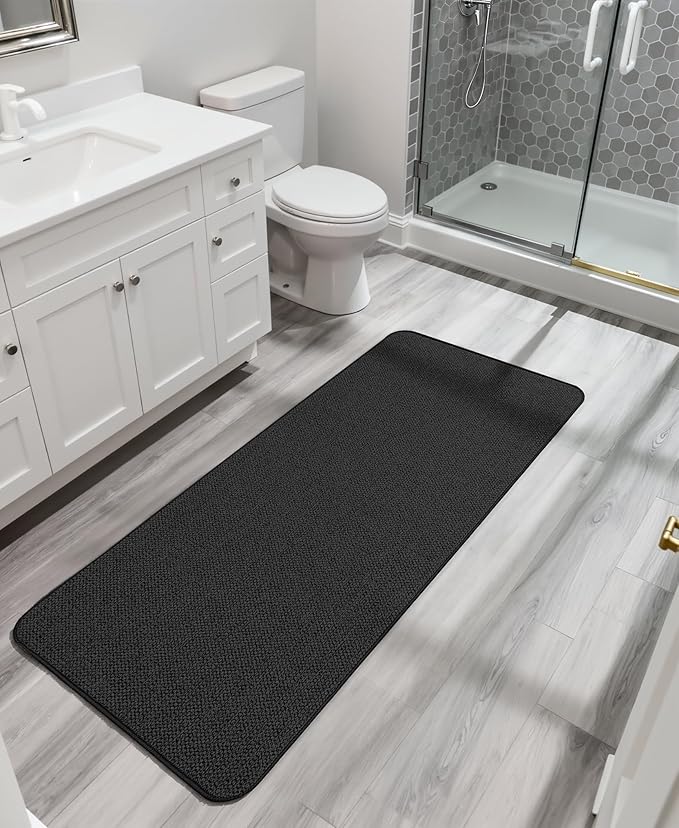 Bath Mat,Ultra Thin Bathroom Runner Rugs,Large Bath Mats for Bathroom,Quick Dry,Non-Slip,Machine Washable,Low Pile,Bath Rug,Shower Outside,Sink,Home Decor Accessories.Black,1'5"x4'11"（17x59inch）