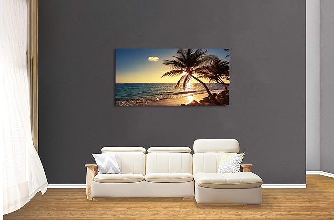 Muolunna S04962 Wall Art Decor Large Canvas Print Picture Sunset Ocean Beach Waves 1 Panel Coconut tree Scenery Painting Artwork for Office Home Decoration Stretched and Framed Ready to Hang XLarge