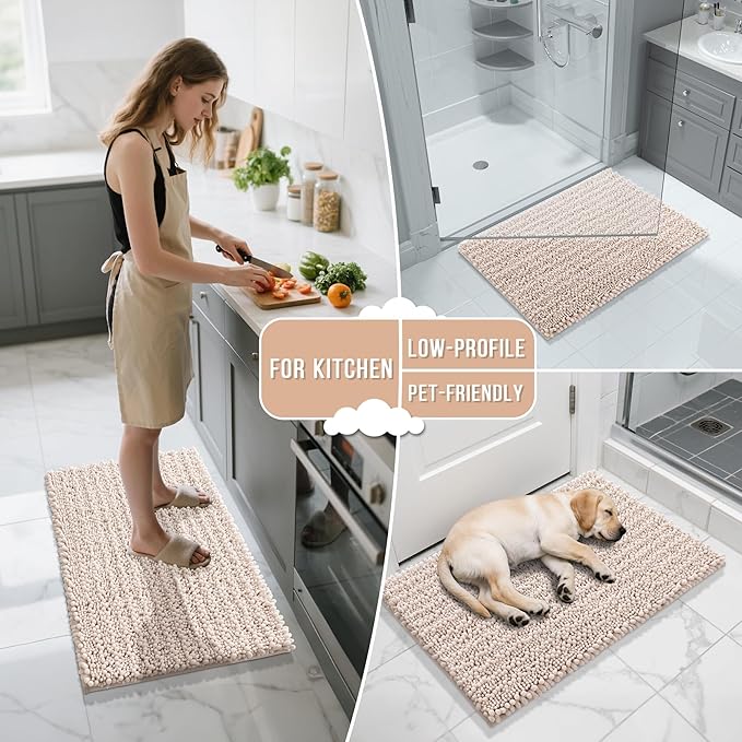 Yimobra Bathroom Rugs Non Slip Washable - Ultra Soft Absorbent Chenille Bath Mat, Quick Dry Shaggy Floor Carpet for Tub Shower, Pinkish Beige Home Decor Accessories, 24x17 Inch