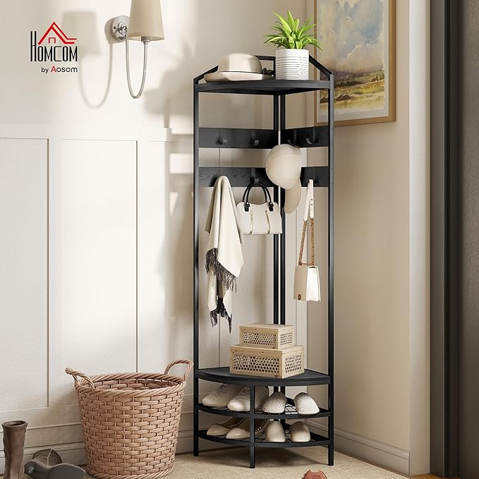 HOMCOM Corner Hall Tree, Industrial 4-Tier Coat Rack with Shoe Storage, 8 Movable Hooks and 2 Storage Shelves, Freestanding Entryway Coat Rack with Steel Frame for Hallway, Black