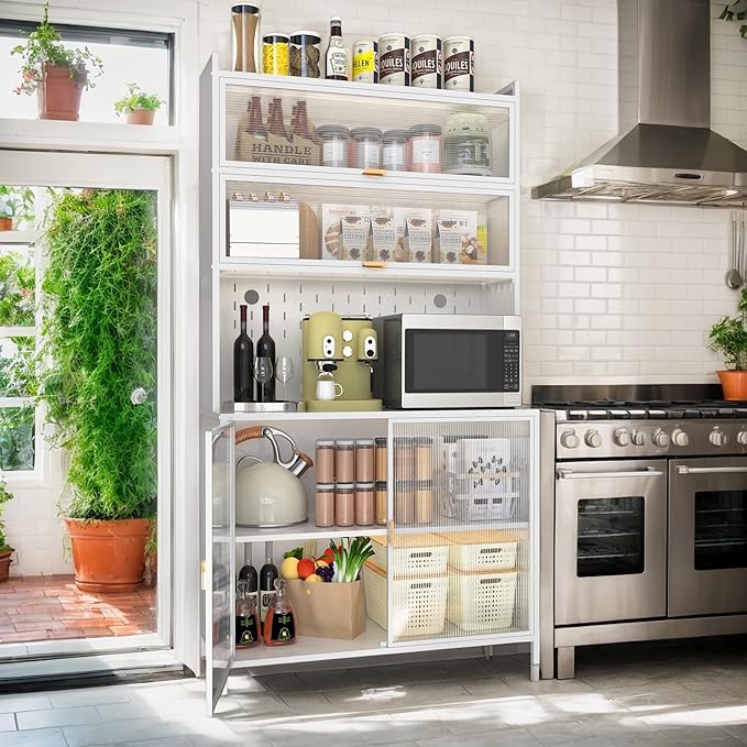 73'' Tall Kitchen Pantry Cabinet, 6 Level Flip Door with Pegboard Metal Pantry Storage Cabinet, Anti-Tip Design Hutch for Kitchen Dining Room Living Room, White