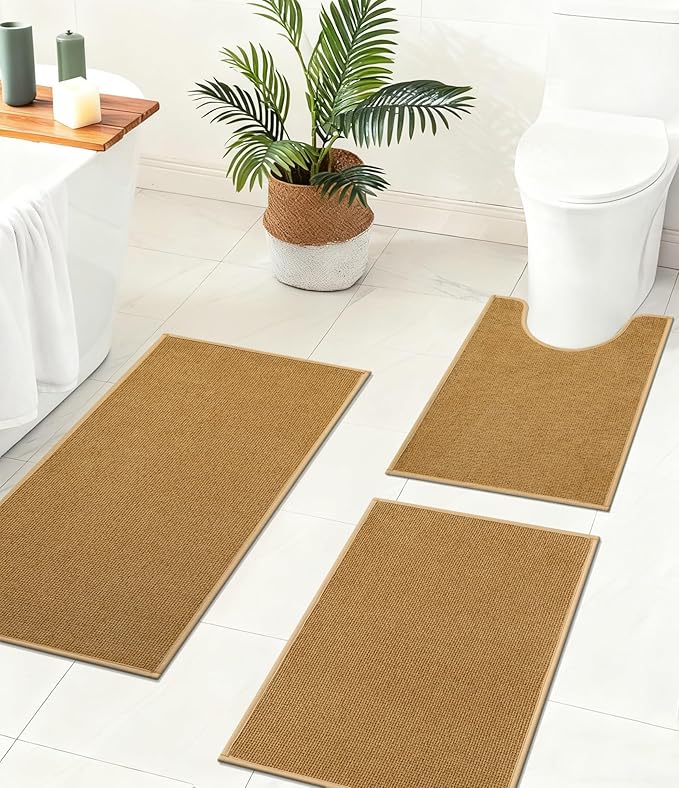 YIHOUSE Bathroom Rugs Mats Sets 3 Pieces, Ultra Thin Bath Mat Absorbent Non Slip Bath Rugs for Bathroom Washable, Shower, Sink, Laundry (Yellow, 3 Pieces)