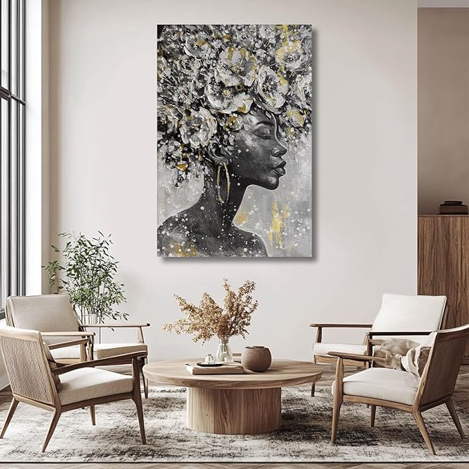 MLART99 African American Posters Black Woman Wall Art Gold and White Floral Canvas Artwork for Living Room Modern Photo Prints for Home 24x36 Inch Bedroom Pictures Wall Decor