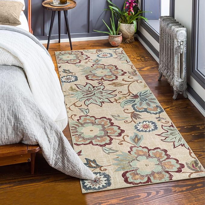 Beeiva Floral Washable Kitchen Runner Rugs, 2x6 Beige Ultra Thin Vintage Plant Bathroom Hallway Runner Rugs with Rubber Backing, Carpet Runner Rug for Hallways Laundry Rugs Laundry Room Runner