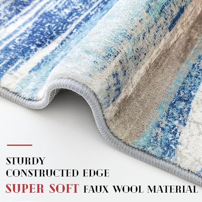 Modern Abstract Kitchen Rug Set of 2, 2x3 and 2x5 Blue Washable Rug Runner Non Slip Kitchen Mat, Soft Faux Wool Throw Carpet for Entryway, Hallway, Bedroom, Bedside, Laundry Room, Office