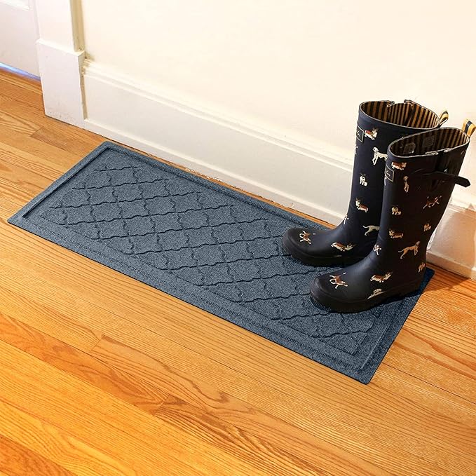 WaterHog Indoor Outdoor Boot Tray Mat – Slip-Resistant Entry Rug for Front Door, Mudroom, Porch, Patio, Garage, All Weather Floor Protector, Made in USA, Cordova Pattern, Bluestone, 15 x 36 Inches