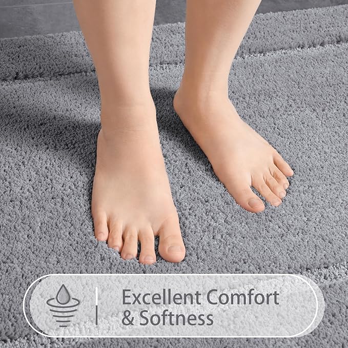 LOCHAS Bathroom Rug Set Light Grey, Soft Bath Rug Set 2 Piece Set, Toilet Mat U-Shaped 20x20 and 24x48 Bath Rugs, Quickly Dry Mats for Bathroom, Tub, Washable, Super Absorbent Floor Mat