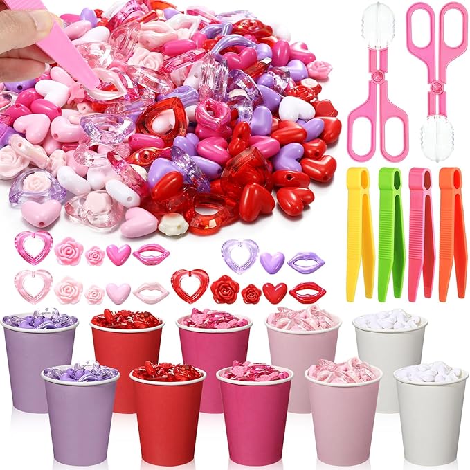 230 Pcs Valentine Fine Motor Skills Sensory Bin Filler Includes 5 Style 214 Acrylic Gems 4 Tweezers 2 Scissors Clips 10 Cups for Early Education Sorting Counting Training Development