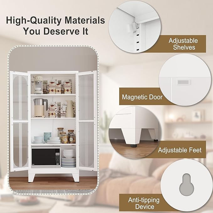 61" Metal Kitchen Pantry Storage Cabinet with 2 Acrylic Glass Doors ＆ 3 Adjustable Shelves, Versatile Food Freestanding Cupboard for Kitchen, Dining Room, Bathroom and Garage (White)