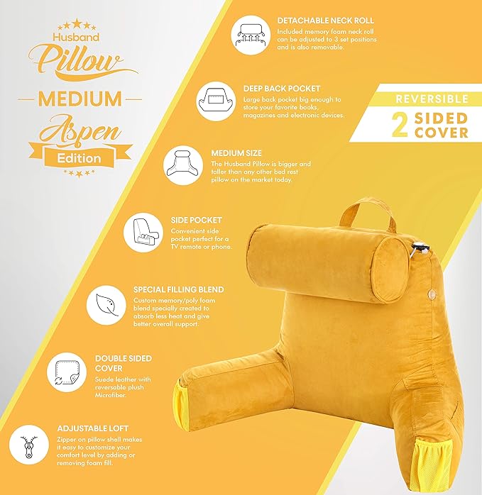 Husband Pillow Medium Aspen Edition Gold Rush, Sit Up Reading & Bed Rest with Arms, Ultra-Comfy, Detach Neck Roll - Premium Shredded Memory Foam Backrest, Reverses to Micro: Suede or Plush