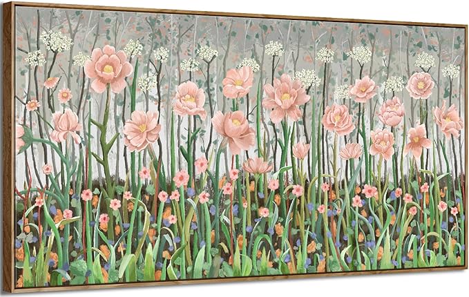 amatop Large Botanical Wall Art - Modern Floral Canvas Print, Pale Pink and Green Abstract Wildflower Oversized Framed Artwork for Living Room, Bedroom, Office Wall Decor (58x29 in)
