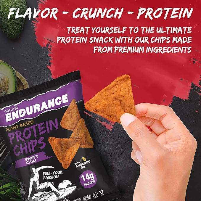 Natural Endurance Protein Chips - Low Carb Chips, High Protein Snack, Vegan Protein with Avocado Oil, 14g Protein Per Bag, Gluten Free, Sweet Chili Flavor - 1.38 oz Bags (Pack of 12)
