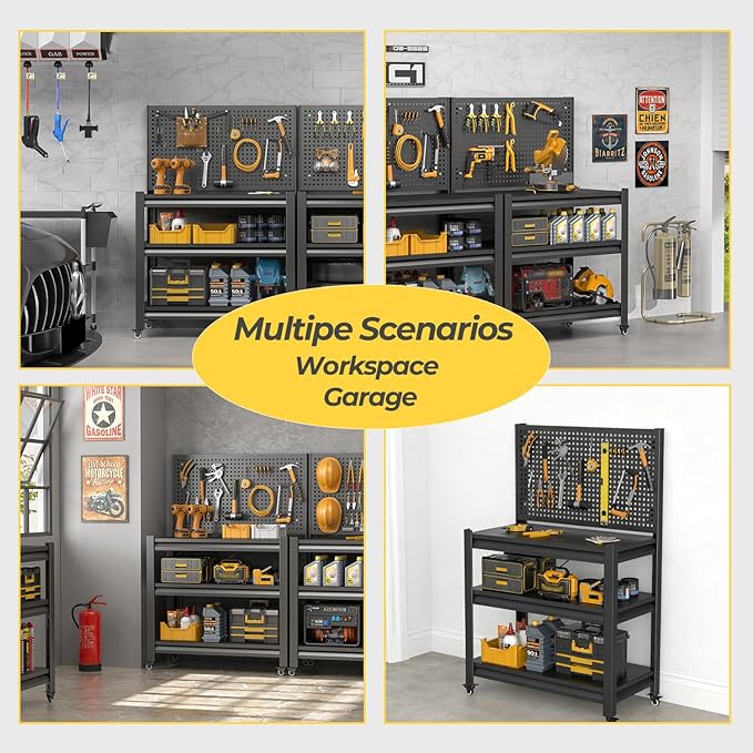 2 Sets Storage Shelves with Pegboard,Heavy Duty Garage Shelving Units and Storage,Metal Shelving Adjustable Shelves,Garage Storage Rack,Industrial Utility Shelf 47.2" H*33.46" W*18" D