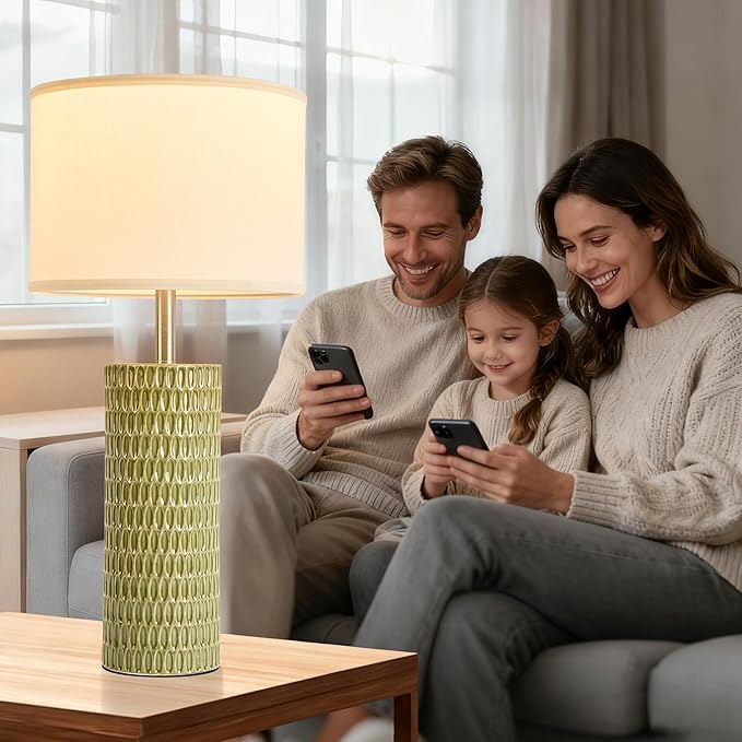 26.5" Ceramic Table Lamp, Table Lamp for Living Room, Green Lamp for Bedroom, Night Stand Lamps, Modern Bedside Lamp Set of 2, End Table Lamps, Green