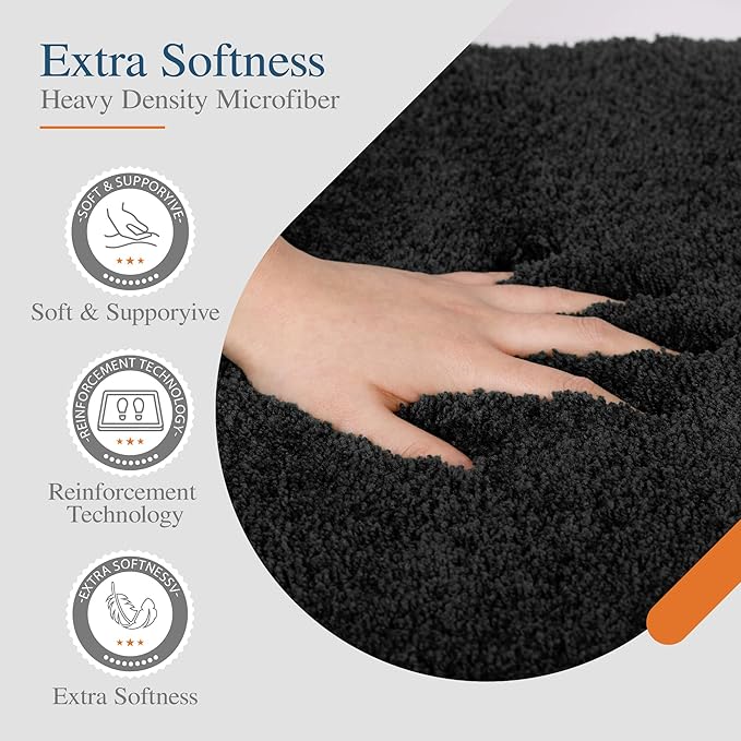 Walensee Contour Rug (20x24, Black) Non Slip Bath Mat for Bathroom Water Absorbent Soft Microfiber Shaggy Mat Machine Washable U Shape Toilet Rug