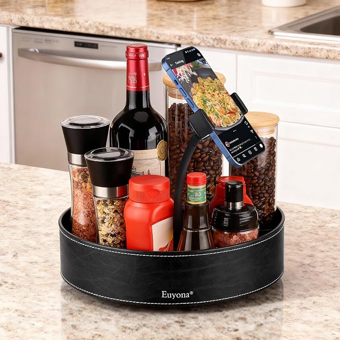 11.4 Inch Lazy Susan Turntable Organizer - 6 Removable Compartments with Phone Holder, 360° Rotating for Cabinet/Counter/Table. Spacious Storage for Food, Spices, Cosmetics & More. (Black)