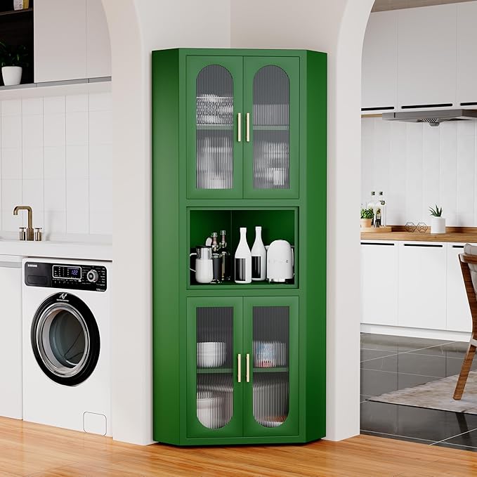 64" Tall Metal Corner Storage Cabinet with Acrylic Glass Doors ＆ Open Display Storage Shelves, Farmhouse Corner Pantry Storage Cupboard for Kitchen, Laundry Room, Bathroom or Bedroom (Green)