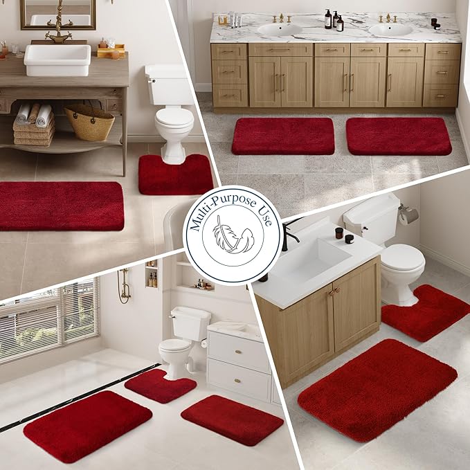 Walensee Shaggy Bath Mat (24 x 60, Red) - Luxury Machine Washable Microfiber Rug with Extra Soft, Absorbent Pile and Non-Slip Backing for Bathroom Floor