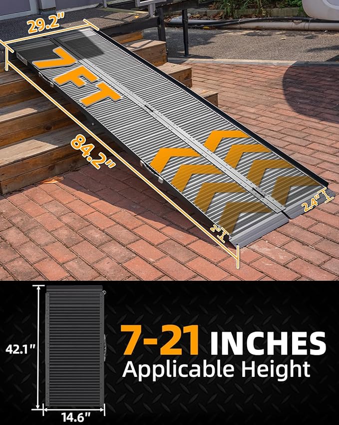 VNN Portable Wheelchair Ramp 7FT, Black Seamless Non-Slip Aluminum Ramps for Wheelchairs for Home, Handicap Wheelchair Ramps for Home Steps, Aluminum Loading Dock Plates
