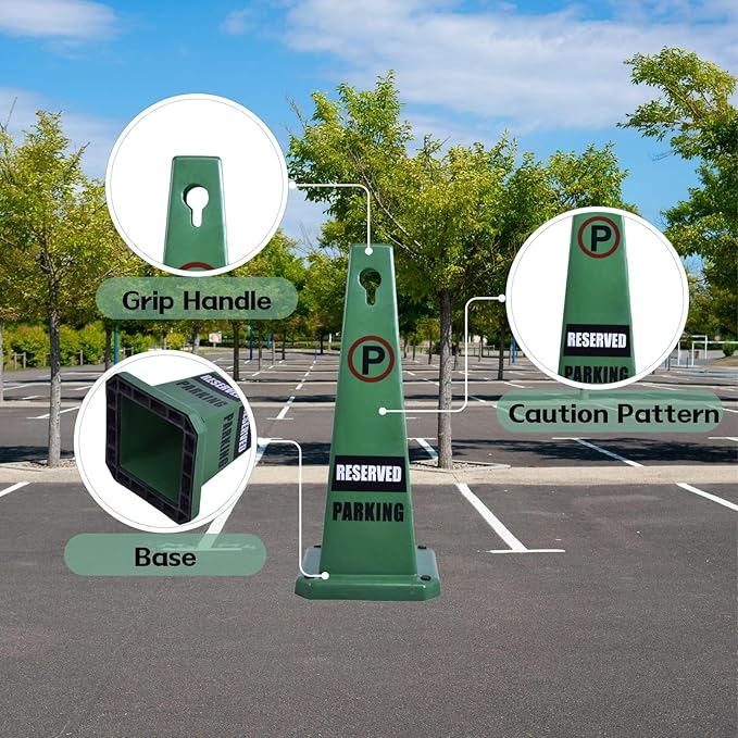 26.5" Caution Cones, 4-Sided Visible Safety Signs with Heavy Rubber Base, Warning for Slip & Fall Prevention, Indoor/Outdoor Use (8, Reserved Parking-Green, 26.5 inch)