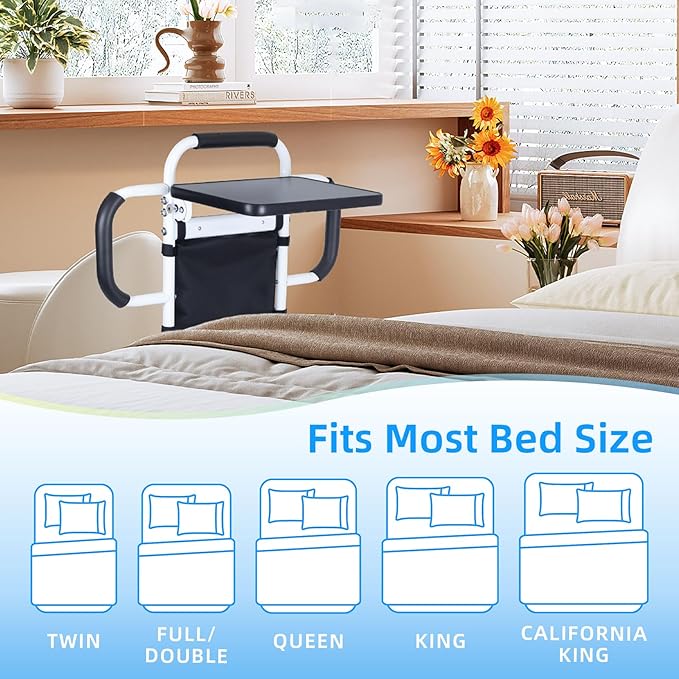 Bed Rails for Elderly Adults Safety: 90° Foldable Bed Assist Rails for Seniors w/Tray & Sensor Light, Adjustable Height Bedside Support Rail with 3 Handles, Storage Pocket, Heavy Duty 350lb