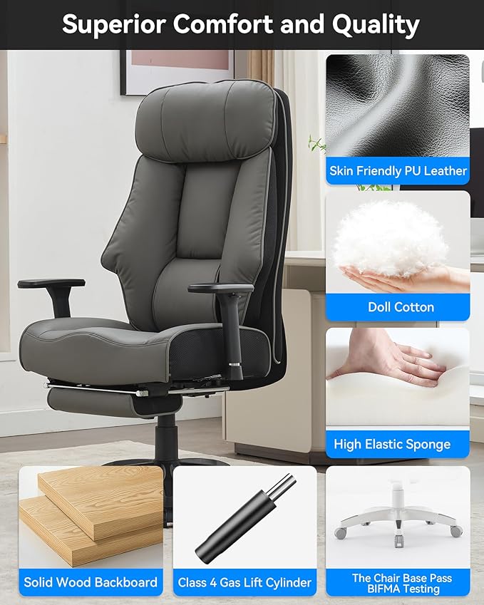 DJ·Wang Big and Tall Office Chair 400lbs with Foot Rest, High Back Executive Office Chair with Extra-Thick Spring Cushion, Ergonomic Leather Chairs Dark Gray
