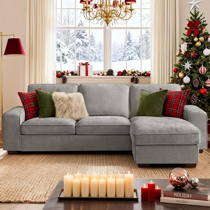 PARKOL 99" L-Shaped Sectional Couch with Storage, Sofa with Reversible Chaise, USB Type-C Charging, Chenille Fabric, Removable Cushion Covers, for Small Space, Apartment, Living Room, Light Gray