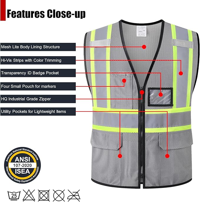 Reflective Safety Vest for Men Women Hi Vis Vest with Pockets High Visibility Vest Mesh Construction Vests Meets ANSI/ISEA Standards (Grey-33, 3X-Large)