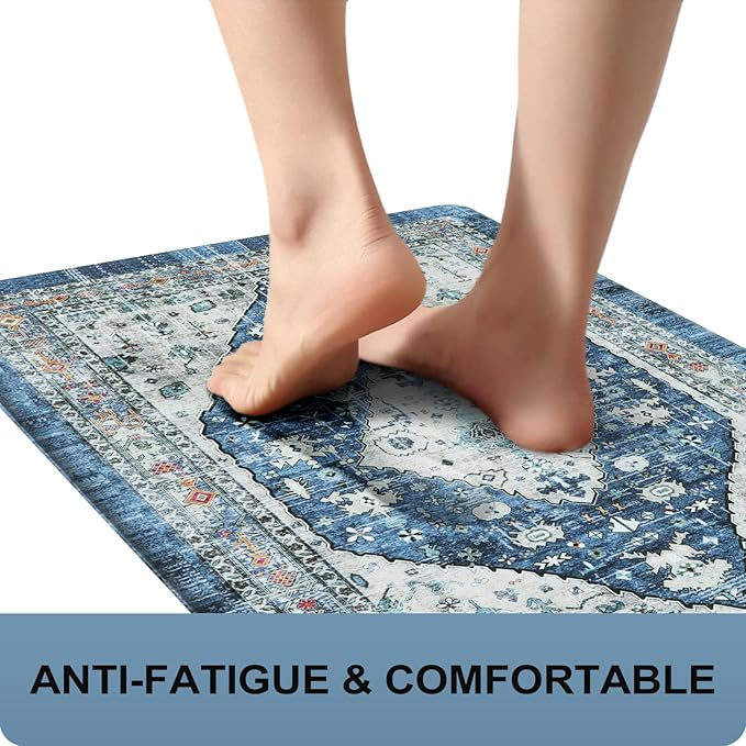 Collive Cushioned Anti-Fatigue Mats, Boho Non-Slip Waterproof Kitchen Floor Mat, Comfortable Standing Carpet for Sink, Laundry, Office, Work, 17.3''x30'' Dark Blue