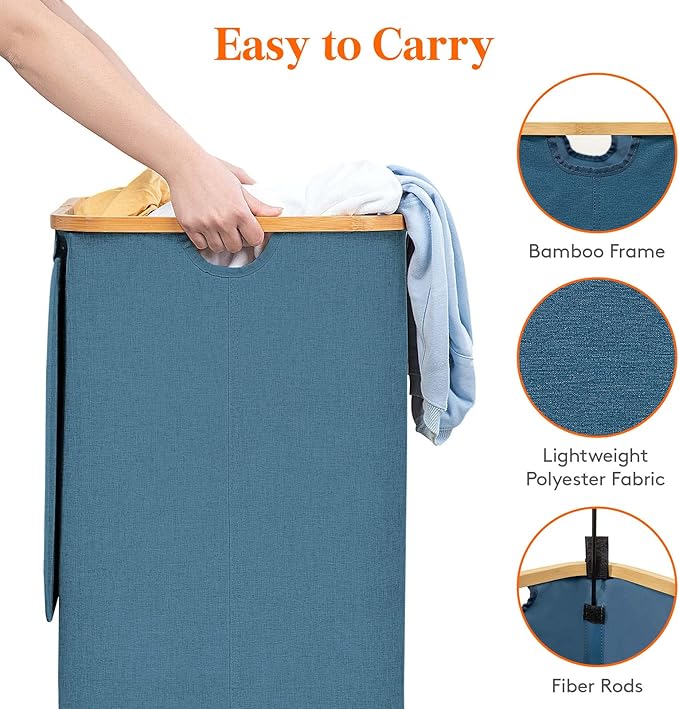 Lifewit 80L Laundry Basket with Lid, Clothes Hampers with Bamboo Handles and A Removable Laundry Bag, Large Foldable Hamper for Bedroom, Bathroom, Dorm, LaundryRoom, Dark Blue