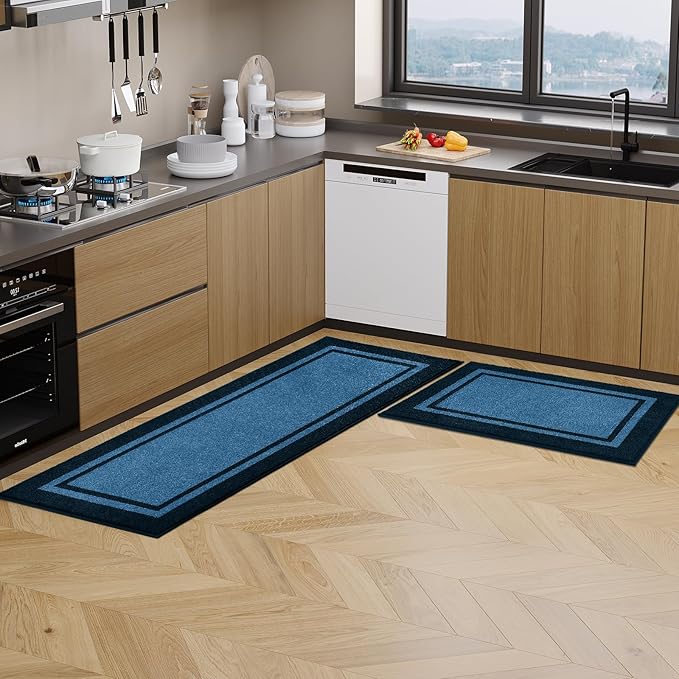 Kitchen Rugs 24" x 70", Non-Slip Machine Washable Kitchen Runner Rugs Floor Mats, Absorbent Comfort Standing Mats for Kitchen, Sink, Laundry and Hallway, Rolled Packaging, Light Blue & Navy
