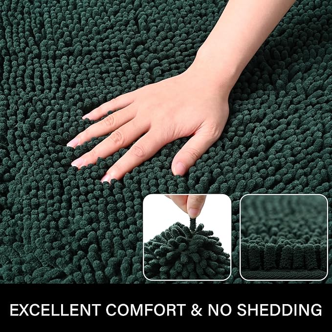 LOCHAS Luxury Bathroom Rug Shaggy Bath Mat 24 x 17 Inch, Washable Non Slip Bath Rugs for Bathroom Shower, Soft Plush Chenille Absorbent Carpets Mats, Hunter Green